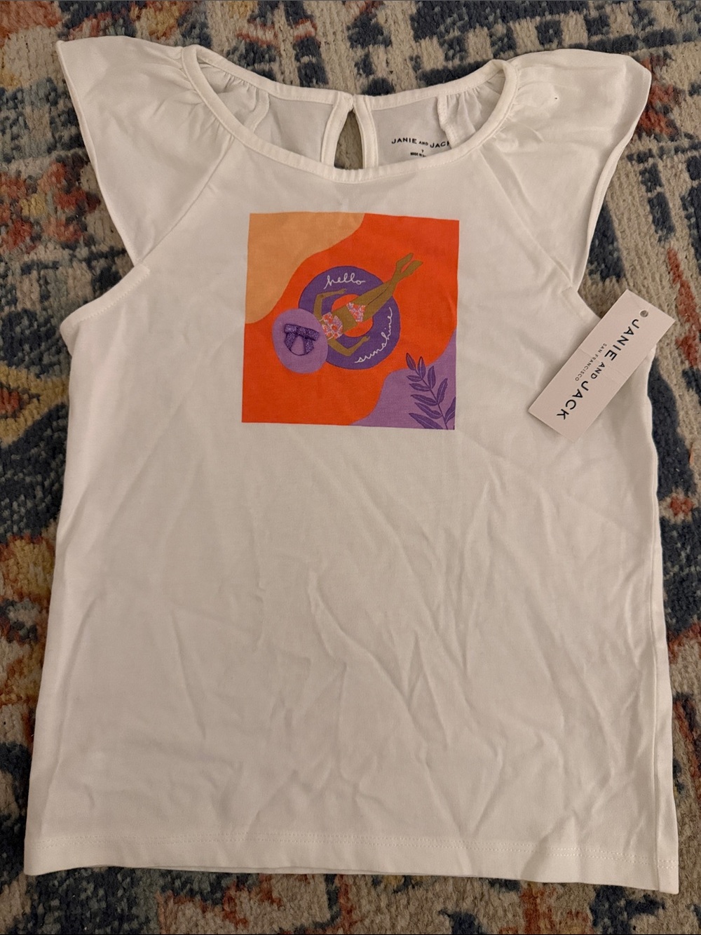 Janie and Jack girl's White Tank Top with Orange and Purple Beach Graphic